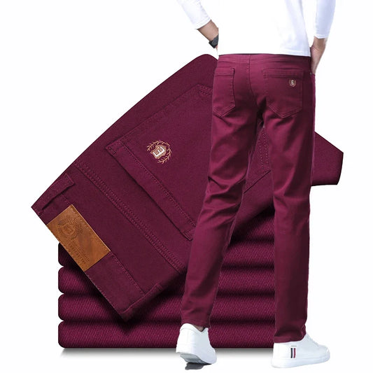 Fashion Classic Jeans Men Solid Color Casual Streetwear Hip-hop Trousers Stretch Slim-fit Embroidered Denim Pants