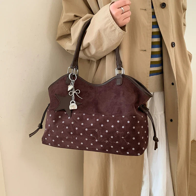 Vintage Frosted Tote Bag Casual Students Purse Large Capacity Shoulder Bag Polka Dot Drawstring Zipper Handbag With Star Pendant