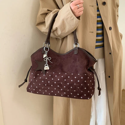 Vintage Frosted Tote Bag Casual Students Purse Large Capacity Shoulder Bag Polka Dot Drawstring Zipper Handbag With Star Pendant