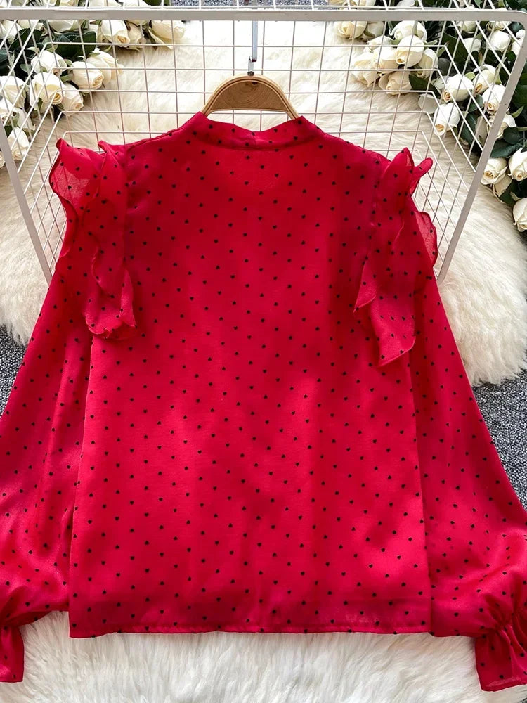 French Sweet Long Sleeved Blouse Women's Clothing Spring Autumn Bow Ruffle Edge Polka Dot Printed Chiffon Shirt Top C42
