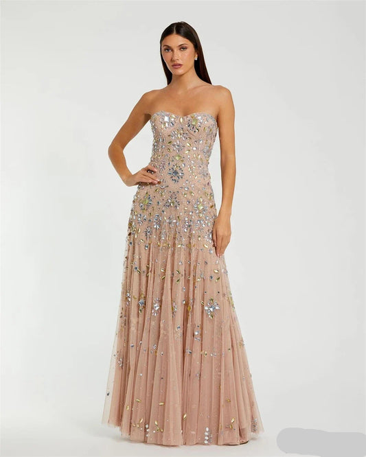 Luxury Champagne Tulle Evening Dress Classic Sweetheart Sleeveless Celebrity Gowns Delicate Crystal Customized Party Dresses