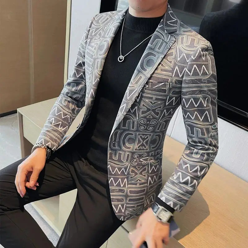 High Quality Men's Printed Suit Jacket for Men Autumnn Fashion Slim Fit Casual Business Blazers Wedding Social Dress Coats 4XL-M