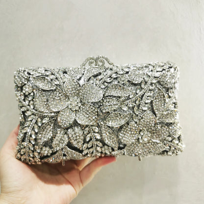 New Arrival Woman Silver Gold Diamond Evening Bag Flower Crystal Birthday Party Handbag Wedding Bridal Gala Floral Purse