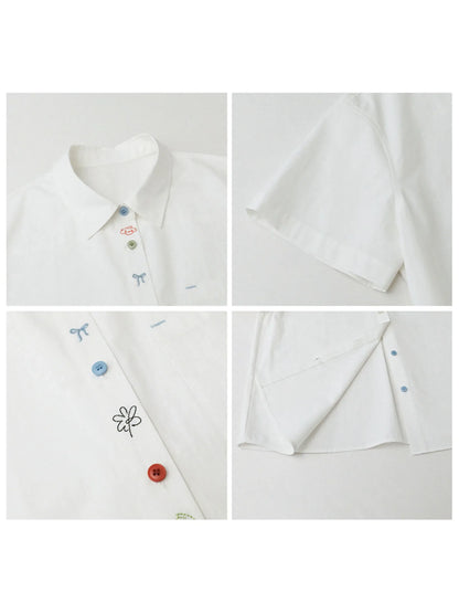 Fashion Women Shirt Short Sleeve Loose Casual Design Button Embroidered Placket Female Blouses Cotton Coat Summer 2026