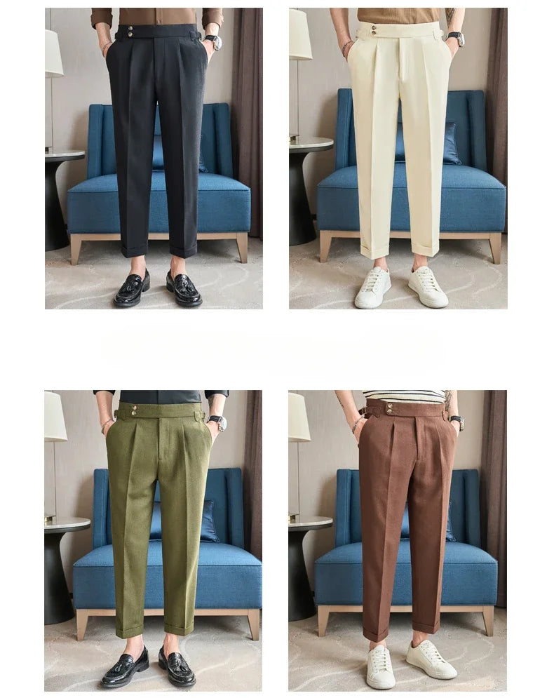 British Style Naples Men's High-end Linen Pants High Waist Straight Slim Fit Casual Trousers High Quality Solid Social Suit Pant