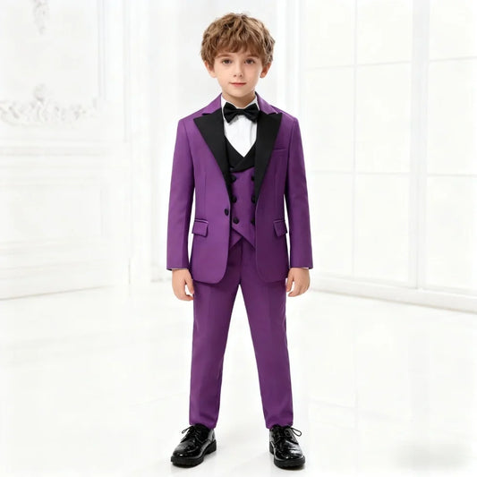 Boys Black Slim Formal Tuxedo Set Jacket Vest Pants Bow Tie Christmas Wedding Performance Wear for Kids Teens Ages 2-16