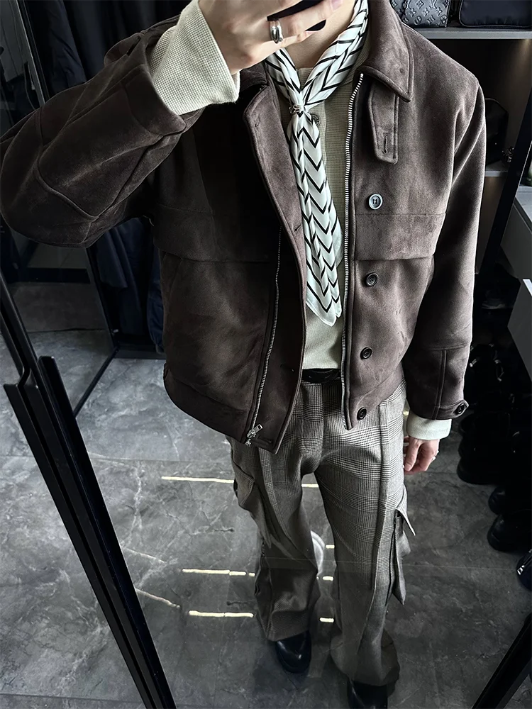 Spring Autumn Cool Short Soft Brown Faux Suede Leather Jacket Men Turn-down Collar Zipper Luxury Designer Clothes