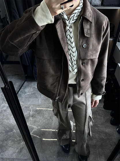 Spring Autumn Cool Short Soft Brown Faux Suede Leather Jacket Men Turn-down Collar Zipper Luxury Designer Clothes