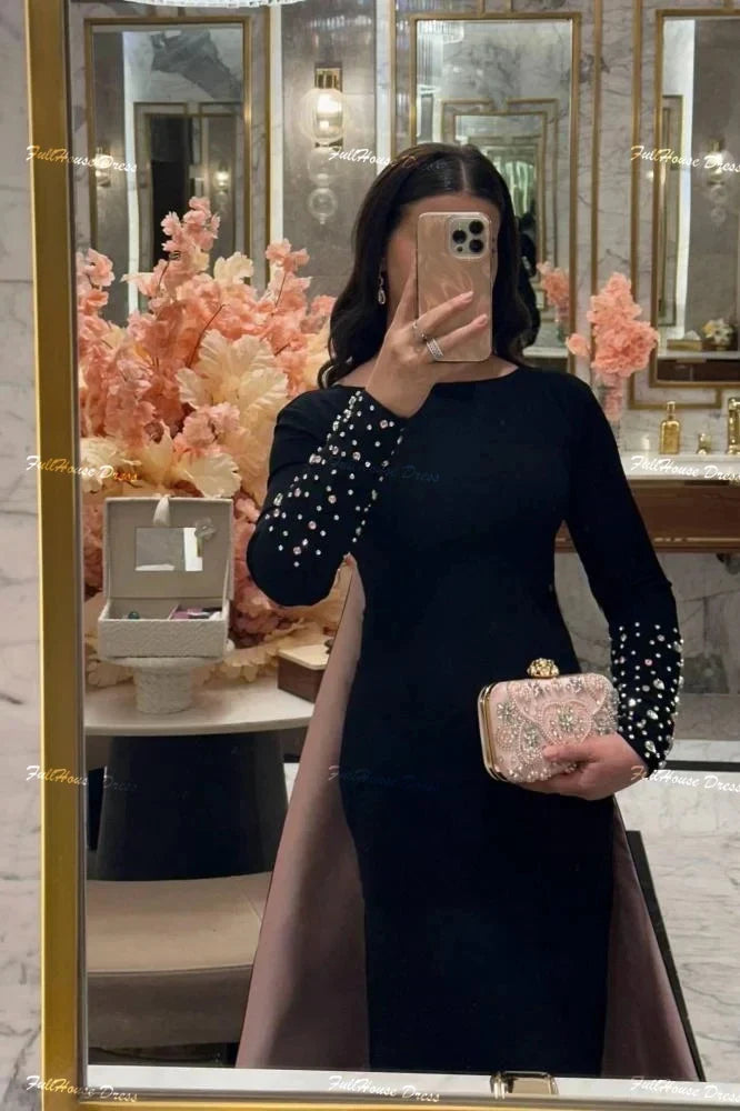 Custom Made O-neck Solid Sexy Sheath Backless Evening Dress Long Sleeve Beaded Crystal Floor Length Party Dress with Court