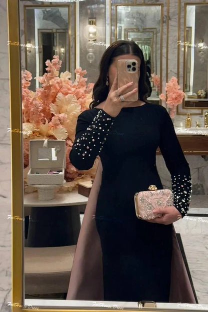Custom Made O-neck Solid Sexy Sheath Backless Evening Dress Long Sleeve Beaded Crystal Floor Length Party Dress with Court