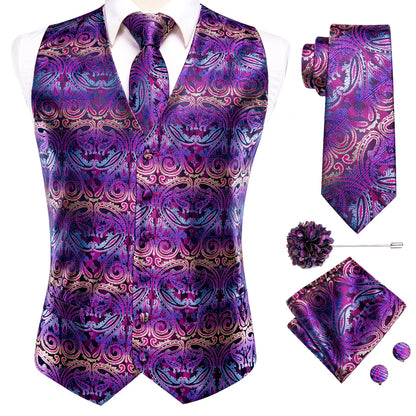 4PC Black Silk Mens Suit Vests Woven Floral Waistcoat Tie Pocket Square Cufflink Business Wedding Dress Waist Jacket