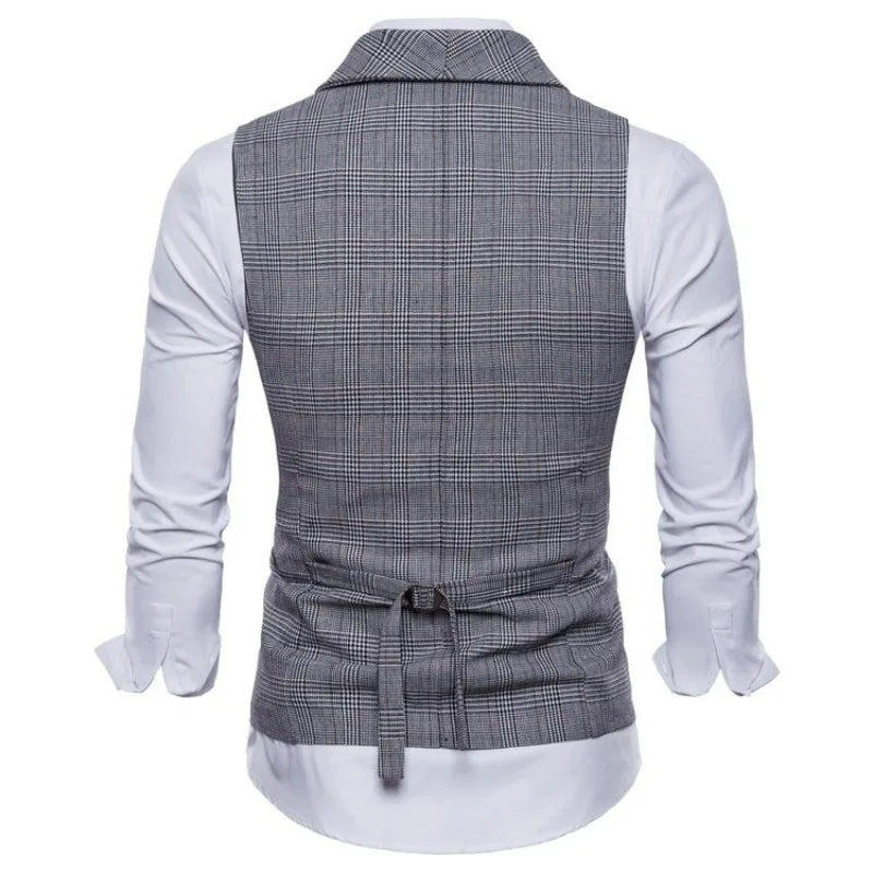 Men Vest Vintage Plaid Turn Down Collar Male Suit Vest Slim Double-breasted Sleeveless Business Casual Man Waistcoat