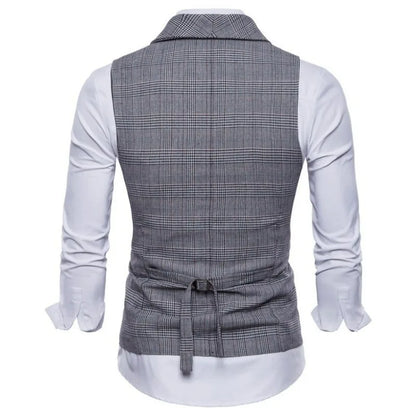 Men Vest Vintage Plaid Turn Down Collar Male Suit Vest Slim Double-breasted Sleeveless Business Casual Man Waistcoat