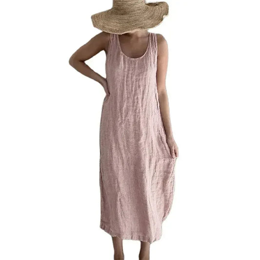 Women Comfortable Casual Cotton Linen Dresses 2026 Summer Solid Color Side Pockets Dress Female O Neck Pullover Sleeveless Gown