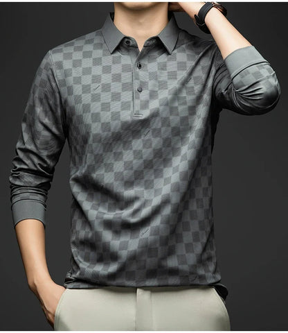 Polo Shirts for Man Autumn Business Slim Fit Long Sleeve T Shirt Men 2026 New Casual Loose Pullover Plaid Men Tops & Tees