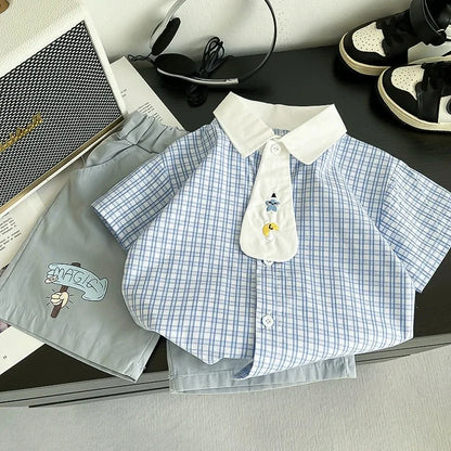 New Boys Clothing Children Summer Set Kids Plaid Shit Embroidered Tie Shorts 2pcs/suits Children Fashion Tracksuits 0-5Year