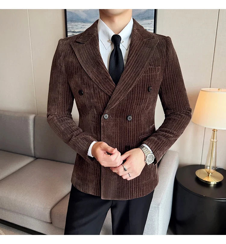 Autumn Winter New Men Corduroy Suit Jackets Double-Breasted Striped Slim Fit Casual Coats High Quality Formal Business Tailcoat