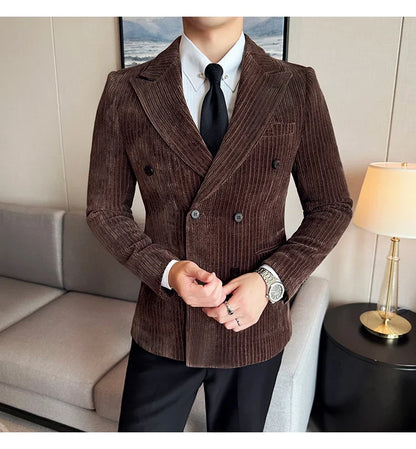 Autumn Winter New Men Corduroy Suit Jackets Double-Breasted Striped Slim Fit Casual Coats High Quality Formal Business Tailcoat