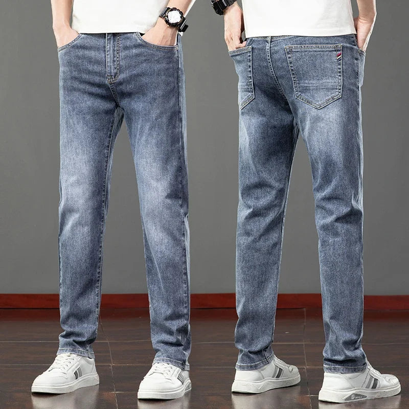 Spring Summer Thin Men's Jeans Fashion Korean Elastic Slim Straight Business Casual Denim Pants Classic Washed Male Trousers