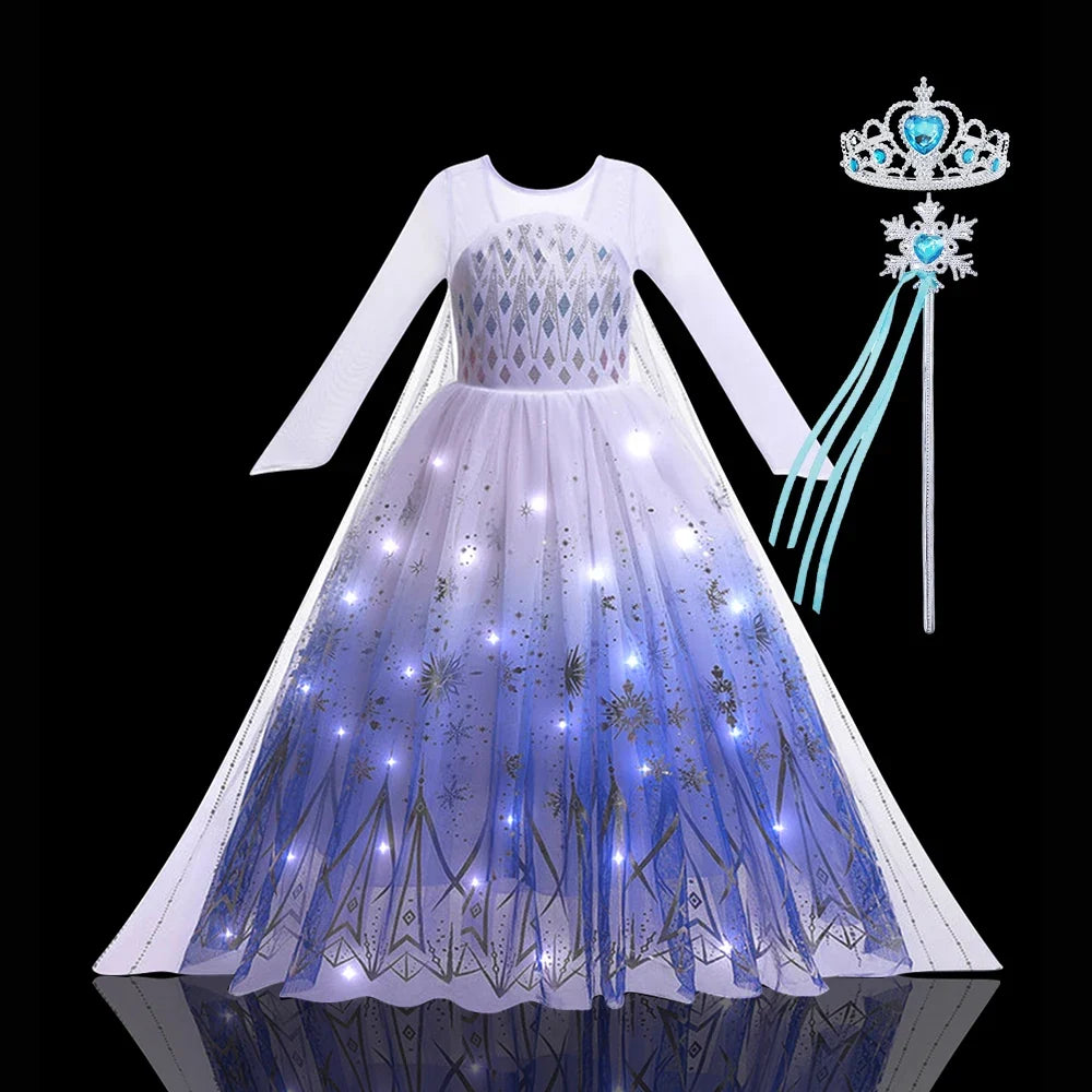2PCS LED Light Up Snow Queen Costume for Kids Girl Elsa Birthday Party Luxury Princess Cosplay Children Carnival Clothing Outfit