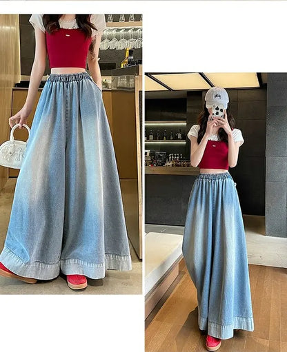 Casual High Waist Wide Leg Jeans Women's Loose Fit Summer Faion plus Size American Sle Cuffed Casual Denim Skirt Pants