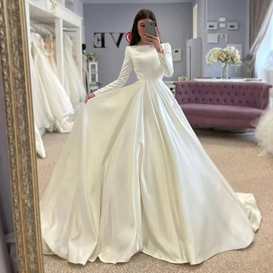 Custom Made Simple Satin Wedding Dress For Woman Dubai Bride A-LINE Long Sleeves O-neck Pleat Vestido De  Bridal Gown Customized