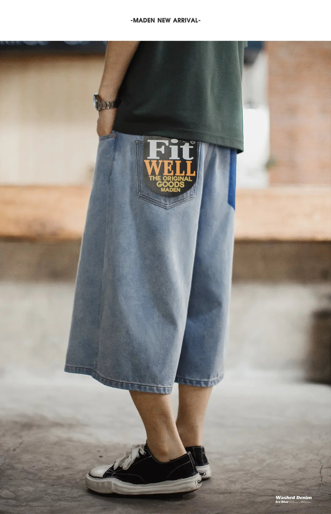 Men's American Retro Ice Blue Washed Denim Shorts Straight A Line Seven Inch Pants Vintage Workwear Loose Summer Trousers