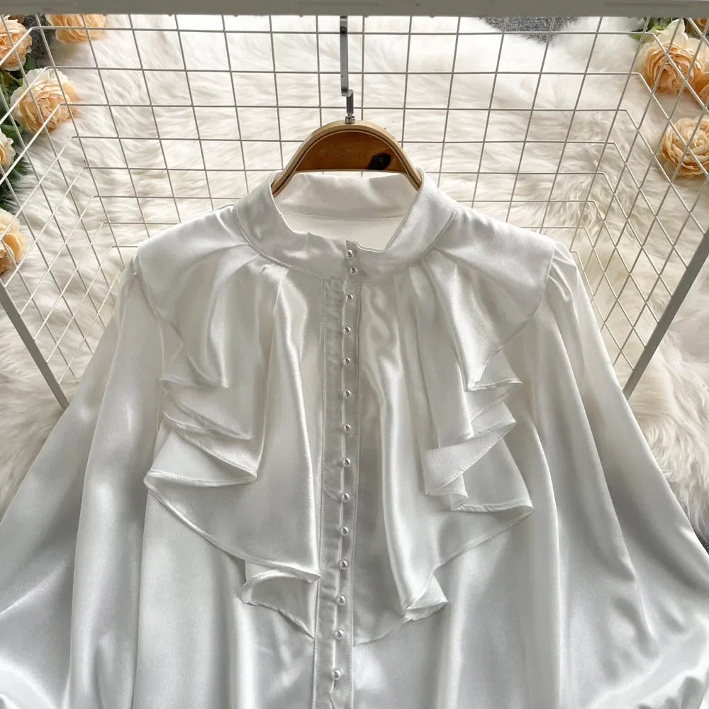 High Quality Satin Loose Shirt Long Flared Sleeves Ruffles O Neck Beading  Women Gentle Office Lady Casual Blouse