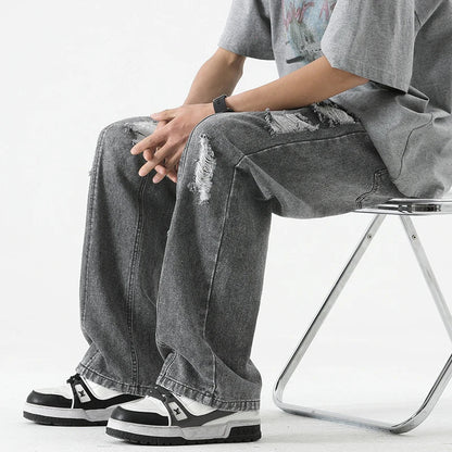 Men's Summer Ripped Jeans Loose Straight Leg Retro Men Draw Rope Port Fashion Brand All-match Casual Pants