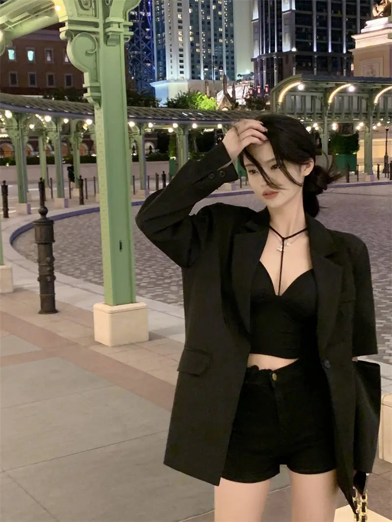 Premium Black Blazer for Women Spring Autumn New Arrival Sexy Backless Chain Accent Oversized Single Button Chic Feminine Design