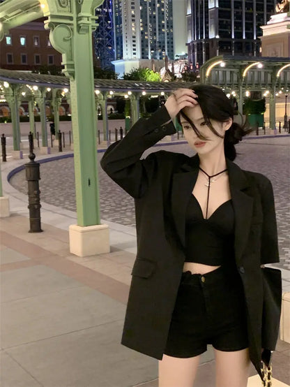 Premium Black Blazer for Women Spring Autumn New Arrival Sexy Backless Chain Accent Oversized Single Button Chic Feminine Design