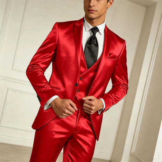 Luxury Men's Satin Suit 3 Piece Set Notch Lapel Slim Fit 1 Button Blazer Vest Pants for Formal Groom Groomsmen Prom Party