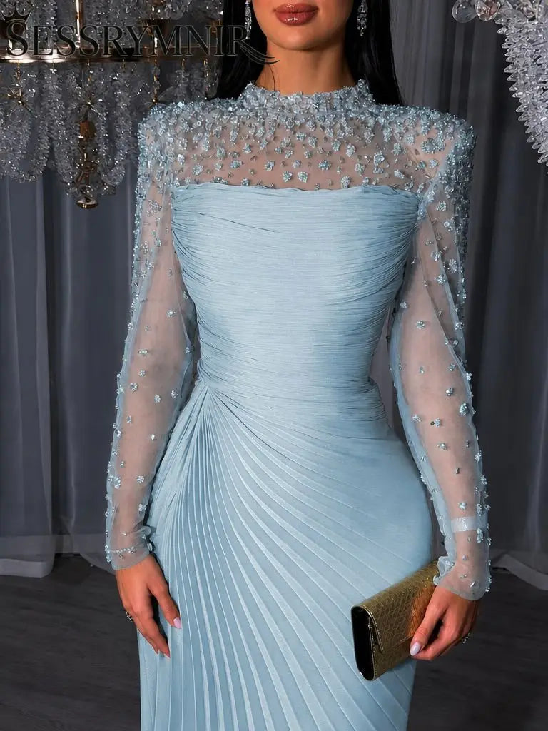 Women'S Formal Evening Gowns Customize Scoop Neck Beading Luxury Evening Dresses Long Sleeves Straight Floor-Length