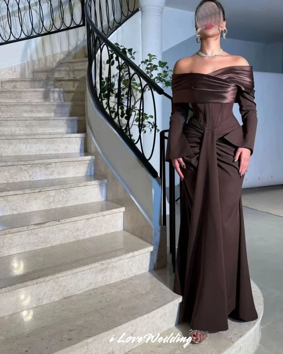 Brown Off the Shoulder Prom Dresses 2026 Long Sleeve Corset Mermaid Pleated Backless Lace-up Wedding Party Dress Customized