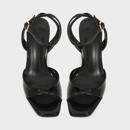 Designer Patent Leather Ankle Strap Buckle Heeled Sandals Women Sexy Square Toe Peep Toe High Heels Summer Elegant Office Shoes