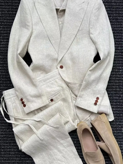 British Style Mens Linen Thin Suit Sets Slim Single Breasted Retro Blazers Pant Outfits Spring Summer Male Coat Two-Piece Set