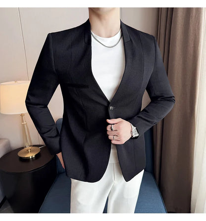 The new Chinese-style collarless suit is fashionable, handsome and versatile. It is a solid-color Korean-style fitted and fashio