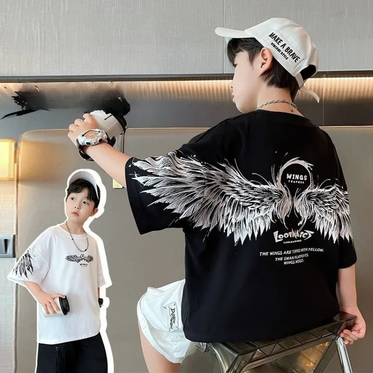 2026 Summer Kids Wing T-Shirt Cotton Loose Stylish Boy's Shirt Big Kids Summerwear