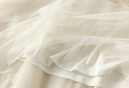 Women's Lotus Leaf Edge A Line Fairy Elastic Waist Tulle Skirt Midi High Waist Mesh Dress Solid Color Irregular Yarn Skirt D8808