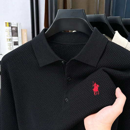 High-end Quality Men's Casual Outdoor Pineapple Pattern Knitted Long-sleeve Polo Shirt (eco-cotton, No Shrinkage No Deformation)