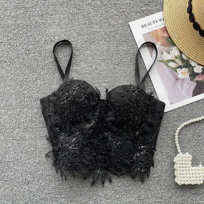 Women Hotsweet Sleeveless Sexy Chest Cushion Lace Backless Embroidered Beads Slim Straps Camis Top High Street Autumn Clothing