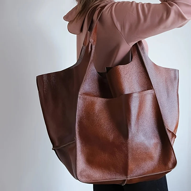 Retro Minimalist Tote Bag Large Capacity Shopping Bag Fashion PU Leather Soft Leather Shoulder Bag