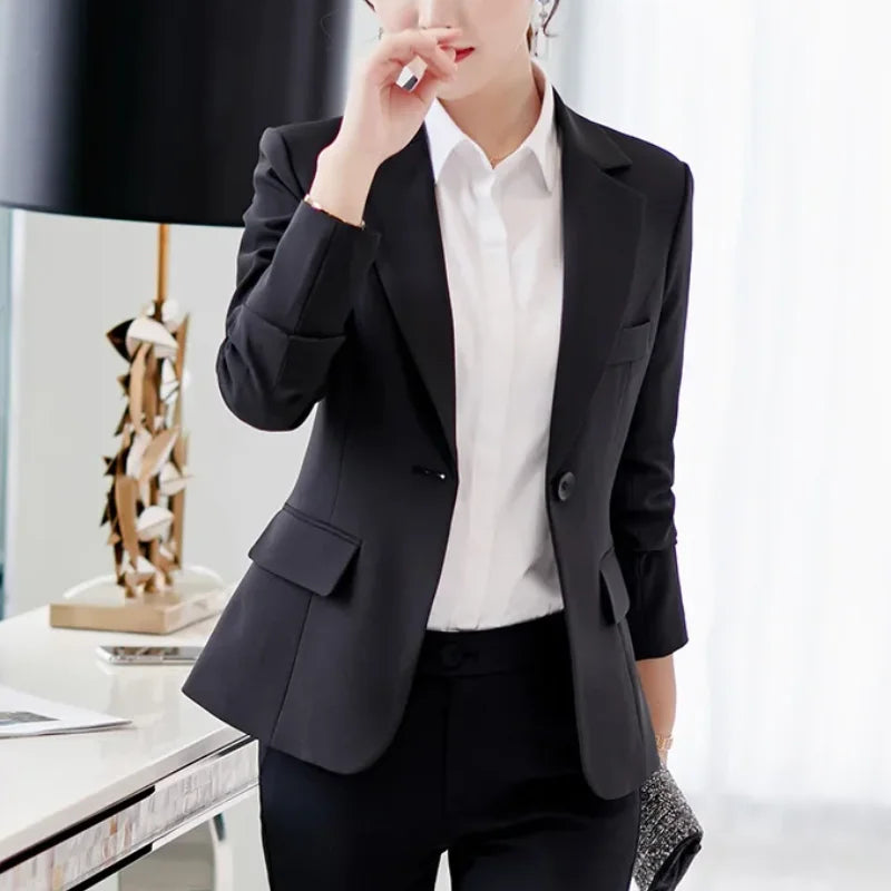 Women Korea Blazer 2025 Formal Slim Black Blazers Office Lady Work Suit Pockets Jackets Coat Female Casual Short Blazer Femme