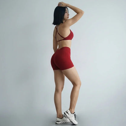 Women's Seamless Quick Dry Fitness Set Sports Bra And Hip Lifting V-Waist Yoga Shorts Pilates Training Clothing Gym Set
