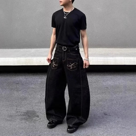 2025 Summer New Men's Y2k Pocket Decoration Jeans Harajuku Retro Fashion Trend Street Hip-Hop Casual Loose Niche Men's Bottoms