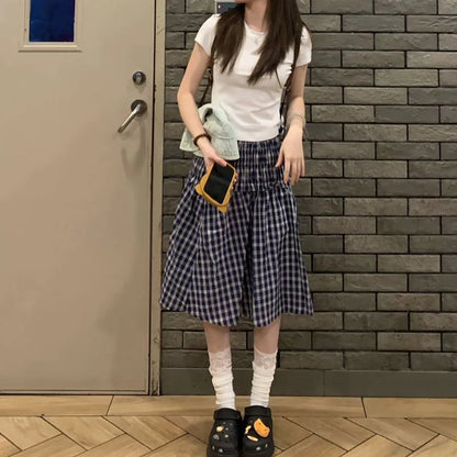 Vintage Plaid Mini Skirt Women Harajuku Aesthetic Patchwork Knee Length Skirts Summer Korean High Waist A Line Faldas New