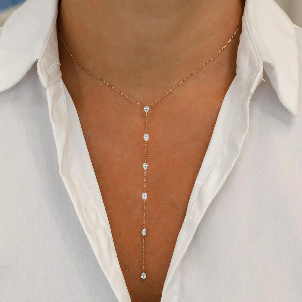 Multi Shape Moissanite Lariat Necklace for Women S925 Silver Bezel Set Pear/Oval Marquise Diamond Long Tassel Drop Necklace