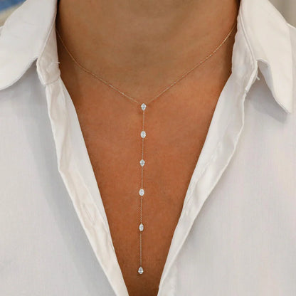 Multi Shape Moissanite Lariat Necklace for Women S925 Silver Bezel Set Pear/Oval Marquise Diamond Long Tassel Drop Necklace