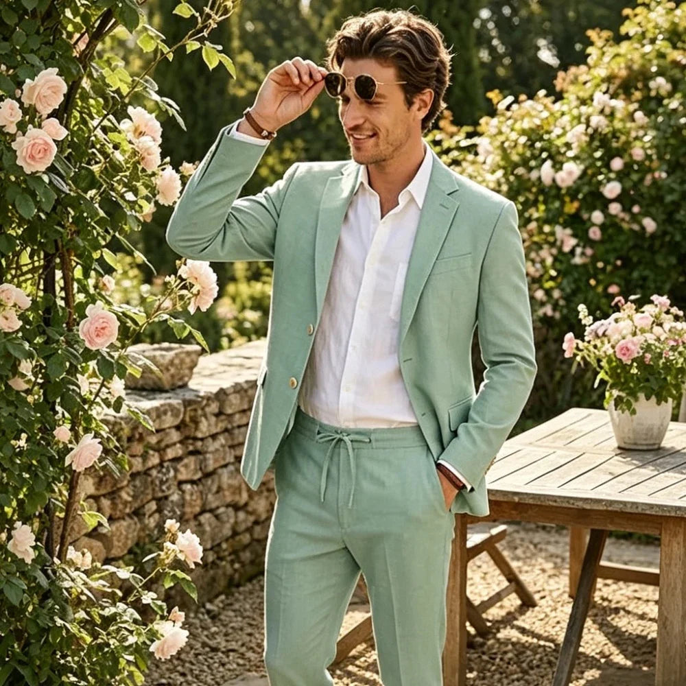 Men's Linen Suit 2 Piece Set Blazer & Drawstring Pants Business Casual Suit Jacket Trousers Summer Beach Wedding Formal Outfit