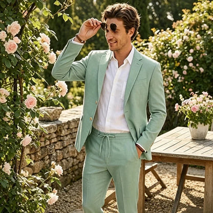 Men's Linen Suit 2 Piece Set Blazer & Drawstring Pants Business Casual Suit Jacket Trousers Summer Beach Wedding Formal Outfit